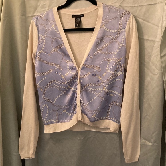 Silk Cardigan New York & Company Blue Cream with Chain Design Size XS EUC - Picture 1 of 8